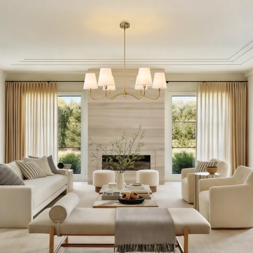 Brass Gold 6-Light Chandelier with Fabric Shade