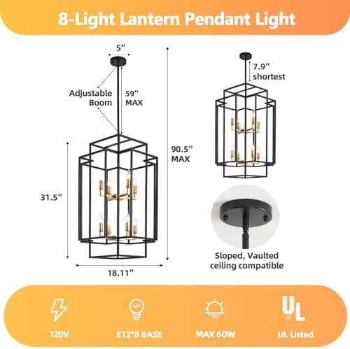 8-Light Black and Gold Tiered Lantern Chandelier