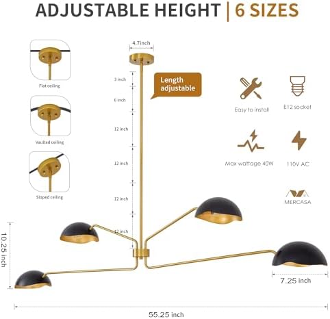 55" 4-Light Black and Gold Sputnik Chandelier
