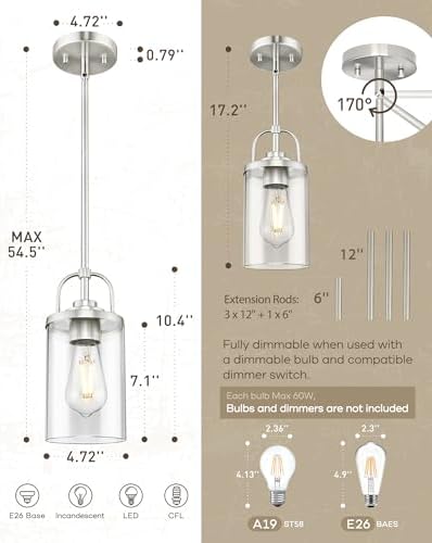 Beionxii Brushed Nickel Pendant Lights, 2 Pack