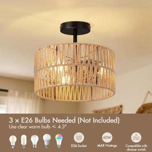Boho Rattan Drum Semi-Flush Mount Ceiling Light