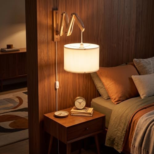 Wooden Swing Arm Plug-in Wall Sconce, White
