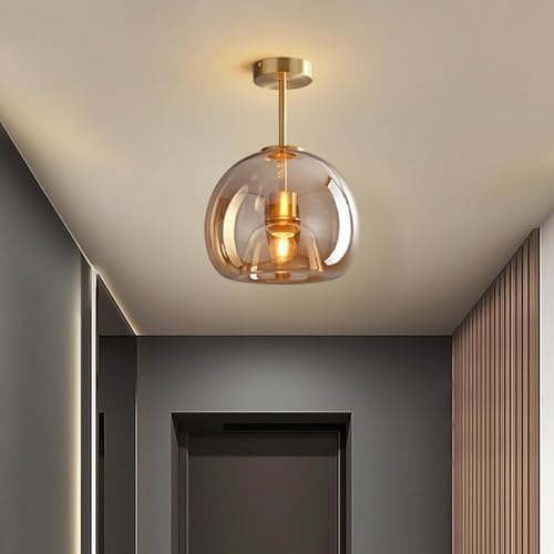 Modern Industrial E26 Flush Mount Ceiling Light, Amber Glass