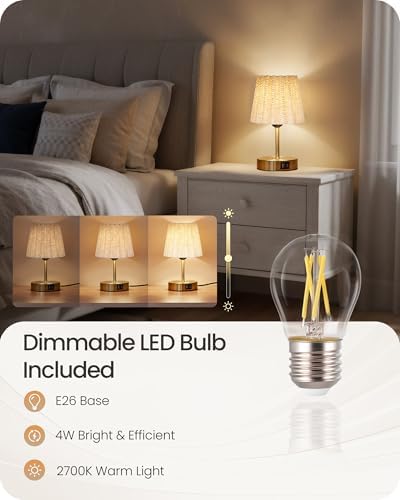 Small Bedside Table Lamp, Touch Dimmable, Gold and Beige