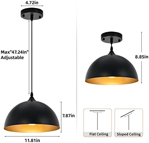 Farmhouse Dome Pendant Light, Black and Gold, 2-Pack