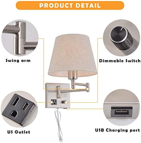 Satin Nickel Swing Arm Wall Sconce with USB Port