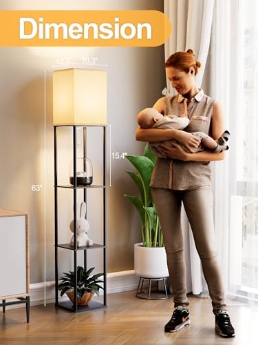 Floor Lamp with Shelves, 3 CCT LED Bulb, White Linen Shade