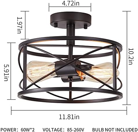 2-Light Black Metal Cage Semi Flush Mount Ceiling Light