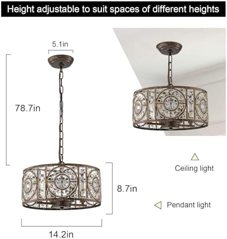 Bronze Vintage Crystal Chandelier, 14.17" Drum Pendant Light