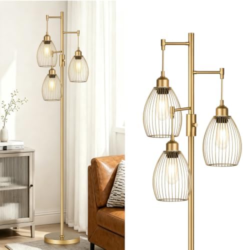 Dimmable Industrial Floor Lamp, Gold, 3-Light Teardrop Cage