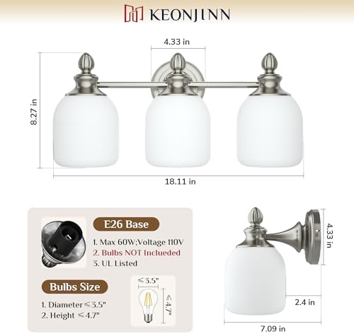 Keonjinn 3-Light Brushed Nickel Vintage Bathroom Light Fixtures Over