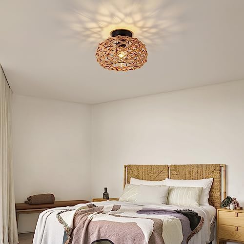 foucasal Rattan Wicker Semi Flush Mount Ceiling Light