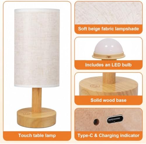 Rechargeable Cordless Touch Table Lamp, Natural Wood Base