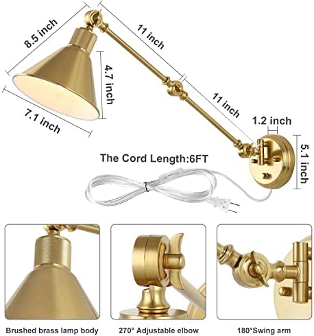 TRLIFE Brushed Brass Dimmable Plug-in Wall Sconce, 1 Pack