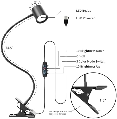 USB Clip-on Desk Lamp, Book Light for Reading