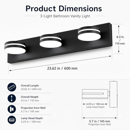 24inch Matte Black 3-Light LED Vanity Light