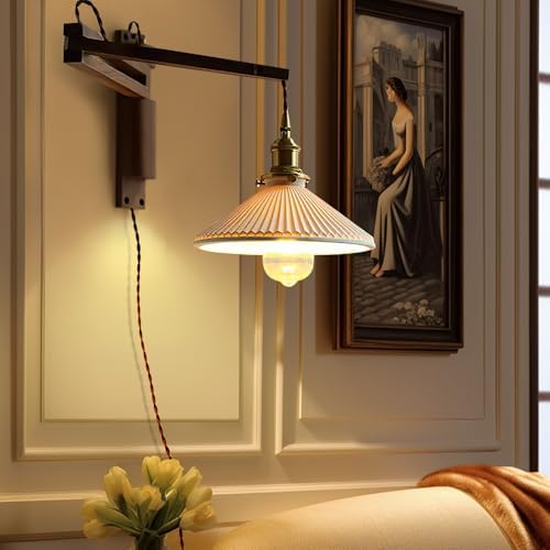 Walnut Plug-in Swing Arm Wall Sconce with Ceramic Shade