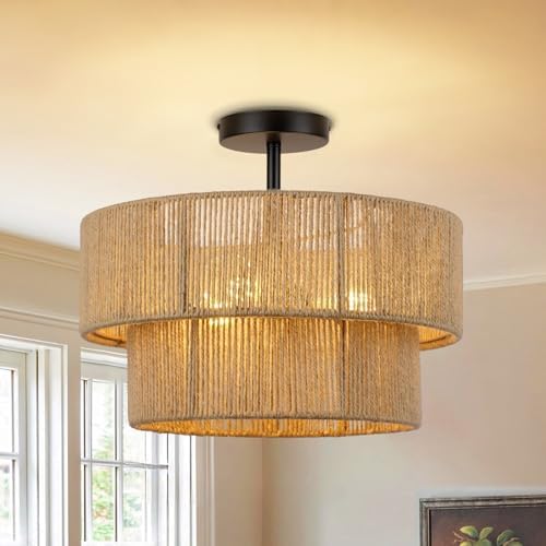15.7'' Boho Light Fixtures Ceiling Mount, Coastal Hemp rope Semi Flush