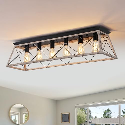38" Rectangular Flush Mount Ceiling Light, Oak White