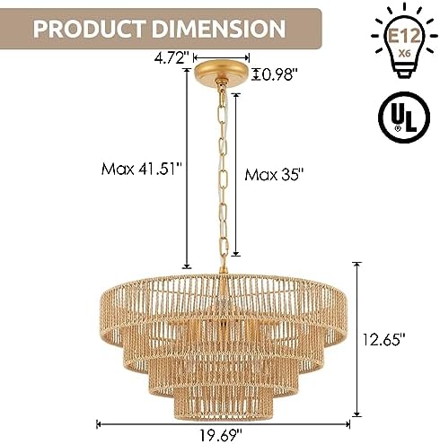 6-Light Hand-Woven Rattan Pendant Light, 20 Inch