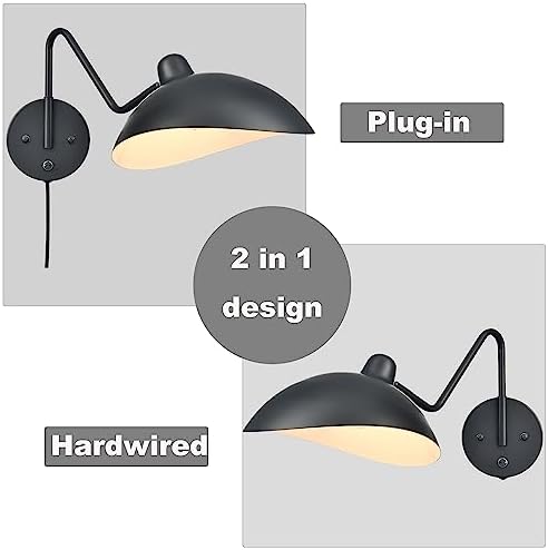 Black Plug in Wall Light with On/Off Switch Set of 2 Swing Arm