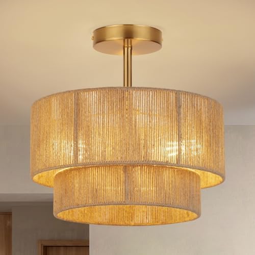 3-Light Rattan Semi Flush Mount Ceiling Light, 12.6''