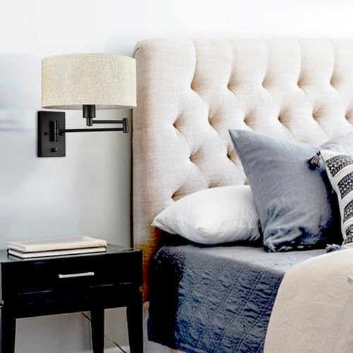 SAMTEEN Plug-in Swing Arm Wall Sconce, Linen Shade