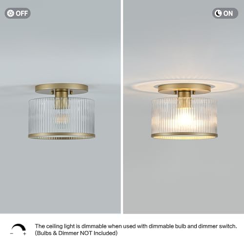 Zlepmlla Ribbed Glass Semi Flush Mount Ceiling Light, Gold