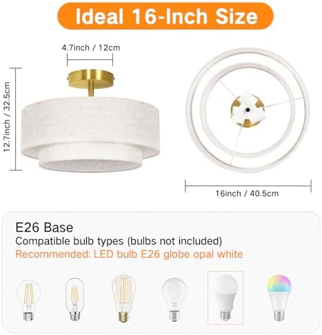 OUTON 16 Inch 3-Light Double Drum Semi Flush Mount Ceiling Light