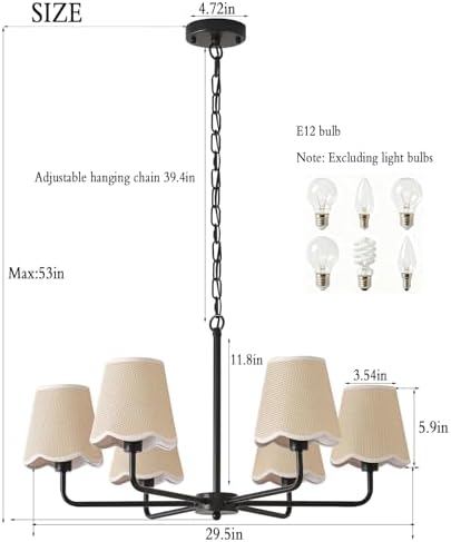 6-Light Black Chandelier with Fabric Shades