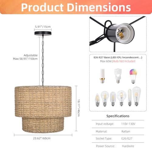 Arturesthome 23.62" Natural Rattan Drum Chandelier