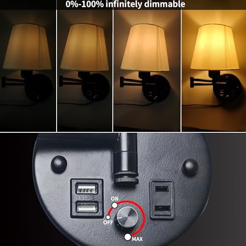 White Linen Swing Arm Wall Sconces with USB, Set of 2