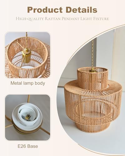 12.6'' Boho Rattan Chandelier Pendant Light Hand-Woven Wicker Pendant