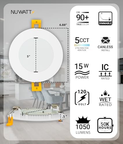 NUWATT Canless Recessed Lighting 6 Inch, 2700K-5000K, Dimmable, ETL