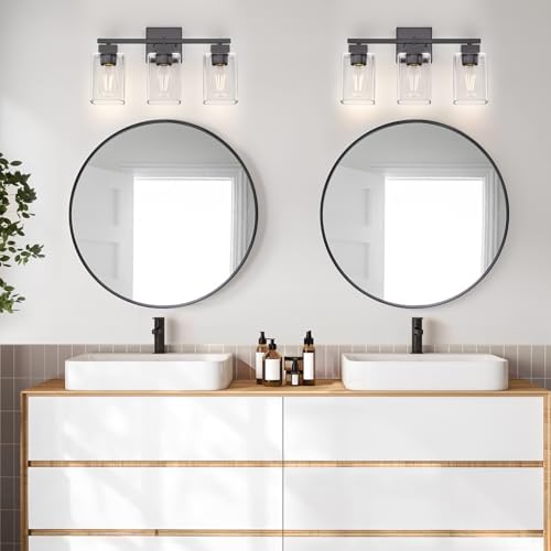 3-Light Matte Black Bathroom Vanity Light with Clear Glass Shades