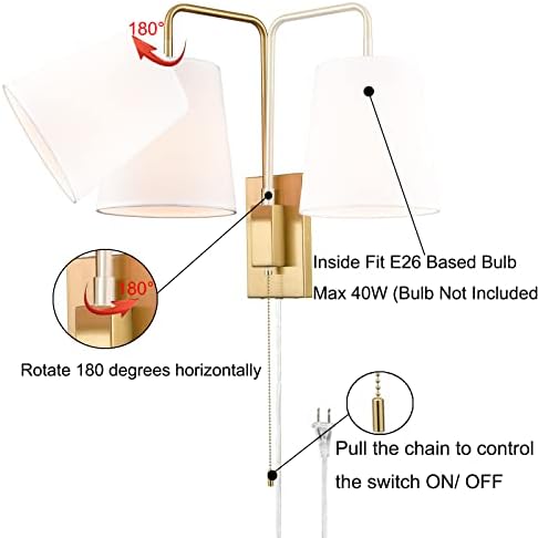 Plug-in Wall Sconces Set of Two Swing Arm with Gold Fabric Shade