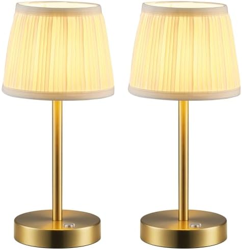 PUSU 2 Pack Gold Cordless Fabric Table Lamps