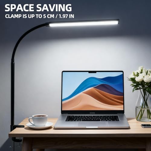 Clip-On Desk Lamp with Clamp, Dimmable Reading Light