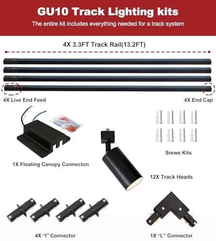 12-Light LED Track Lighting Kit, 13.2FT H-Type, Black