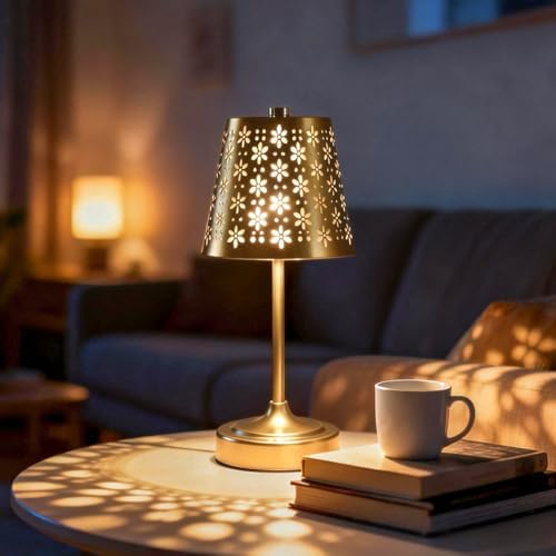 Cordless Table Lamp with Floral Cutout Shade, Gold
