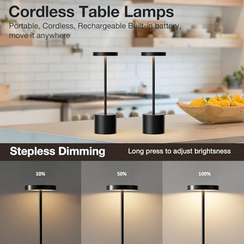 Cordless Rechargeable Table Lamp, Black, 2 Pack