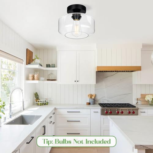 Lynnoland Black Semi Flush Mount Ceiling Light, Clear Glass Shade