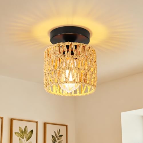 Farmhouse Semi Flush Mount Ceiling Light, 1-Pack, Boho Rattan