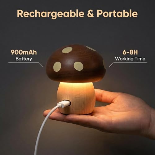 Wood Mushroom Lamp, Rechargeable Small Bedside Lamp