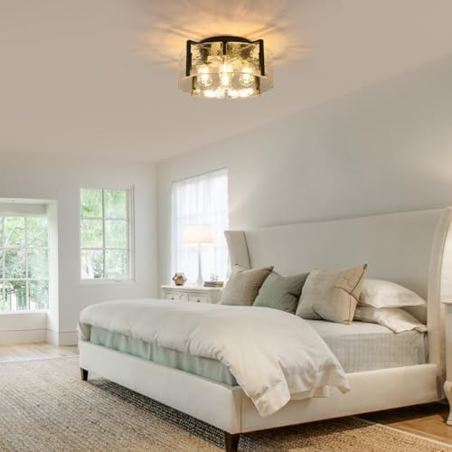 Black 17.7-Inch Glass Drum Semi Flush Mount Ceiling Light