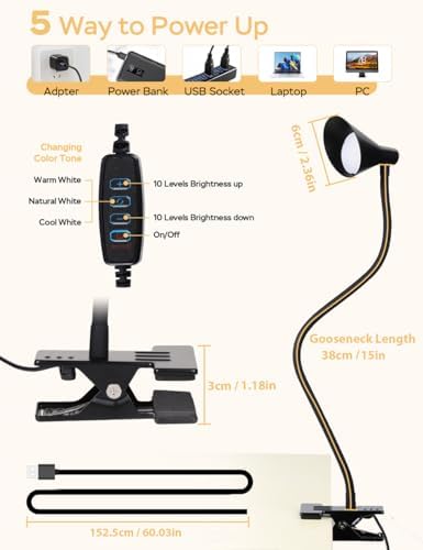 LiFMIRA Black USB Clip-On Reading Lamp, 3 Color Modes