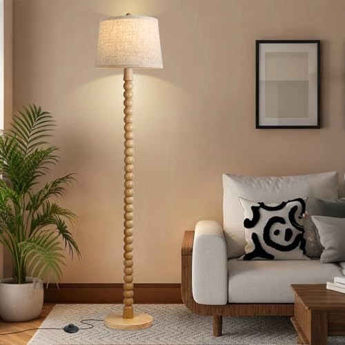 Real Wood Floor Lamp with Linen Shade, 3-Color Bulb