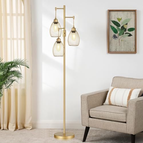 Dimmable Industrial Floor Lamp, Gold, 3-Light Teardrop Cage