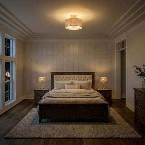 Woven Rattan 3-Light Semi Flush Mount Ceiling Light