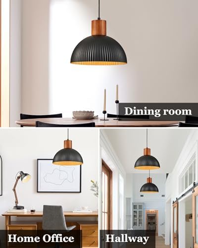 ELYONA 12" Ash Wood Pendant Light, Black Metal